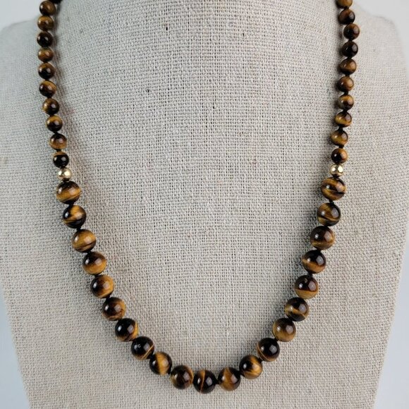 Vintage Tiger's Eye Graduated Necklace 28 Inch Gold-Tone Filigree Box Clasp